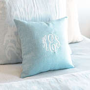 light blue linen pillow case on bedding