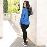 back of monogrammed blue long sleeve crewneck sweatshirt