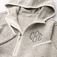 close up of personalized heathered fleece quarter zip hoodie