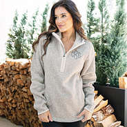 girl wearing monogrammed heathered fleece quarter zip hoodie