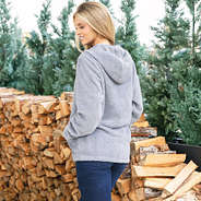 back of lightweight fleece hoodie in light gray