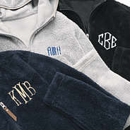 close up navy light gray and black monogrammed lightweight fleece hoodies