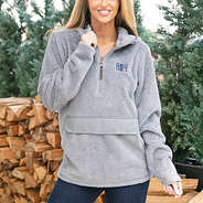 girl wearing monogrammed lightweight fleece hoodie in light gray