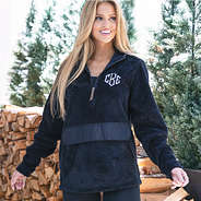 girl wearing personalized lightweight fleece hoodie in navy