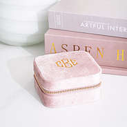 velvet travel jewelry case in blush with books