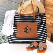 monogrammed overnight tote bag with fedora, monogrammed turkish towel and monogrammed sandals