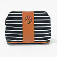monogrammed black and white striped cosmetic bag