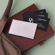 stainless steel business card holder closed and cards