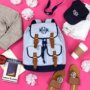 monogrammed blue seersucker bookbag with leather buckles