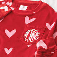 close up of softspun hearts sweatshirt in red hot hearts monogram