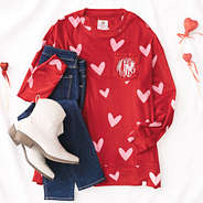 personalized softspun hearts sweatshirt in red hot hearts with cowboy boots