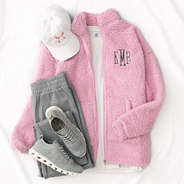 personalized light pink full zip sherpa jacket with bow baseball hat