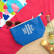 Blue waterproof cosmetic pouch on towel