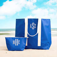 blue monogrammed waterproof pool tote with cosmetic pouch