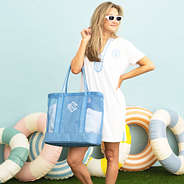 blue structured mesh tote with pool floats