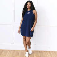 girl wearing personalized navy scalloped exercise dress