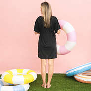 back of monogrammed cinch waist cover up in black