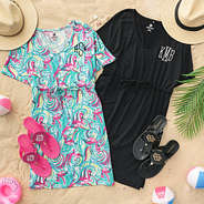 flamingo splish splash and black monogrammed cinch waist cover ups