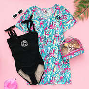 personalized cinch waist cover up in flamingo splish splash with black swimsuit