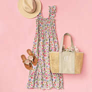 flora trellis smocked dress outfit with straw tote