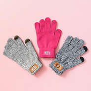 monogrammed gloves in heathered charcoal and brown and hot pink