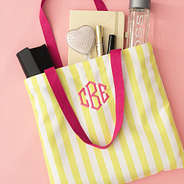 yellow and pink striped tote spillshot on pink