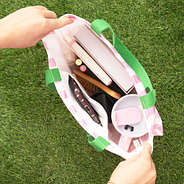 pink and green striped tote inside shot