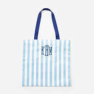 monogrammed striped tote in light blue and navy