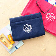 navy terry toiletry bag with beach towel
