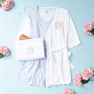 white terry toiletry bag with ruffle pajamas and scalloped robe