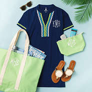 monogrammed ric rac cover up in navy outfit with waterproof bags