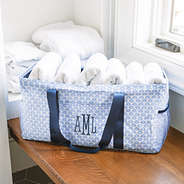 monogrammed wire top extra large tote in blue shells in laundry room