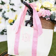Pink Gingham Tote Bag on bike