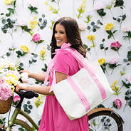 Pink gingham tote over girls shoulder