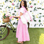 pink gingham tote bag and pink gingham skirt