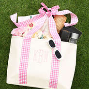 pink gingham tote bag grass flatlay