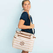 girl carrying khaki stripes monogrammed dual compartment cooler