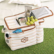 monogrammed dual compartment cooler in khaki stripes with food