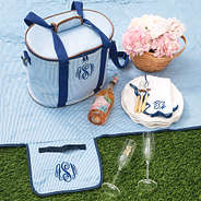 monogrammed navy seersucker cooler and picnic blanket