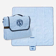 personalized picnic blanket in navy seersucker