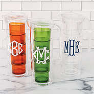 monogrammed acrylic pitchers with nesting cups in orange green and clear