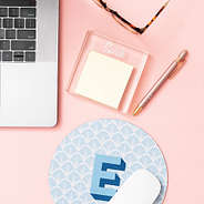Clear Personalized Memo pad holder on pink with mousepad