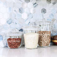 clear container with rice and beans