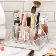 monogrammed makeup organizer in bathroom