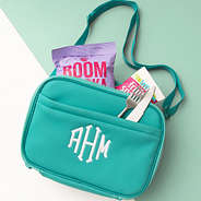 personalized neoprene lunch bag in teal packed