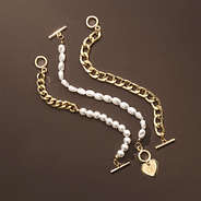 Chainlink Pearl Bracelet Stack on brown