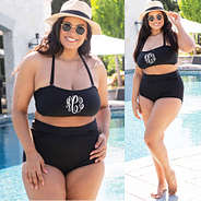 black monogrammed bandeau top wit high waisted bikini bottoms at the pool