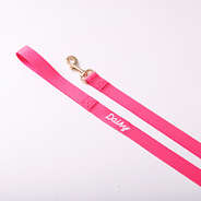 close up of personalized dog leash in hot pink