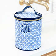 monogrammed blue shells ditty bag on bathroom counter