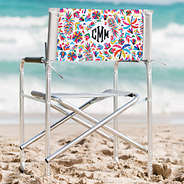 cabana print monogrammed beach chair at ocean